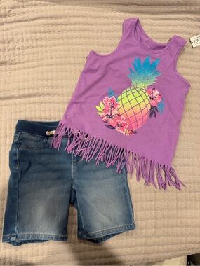 Girls' outfit Purple Fringe Tank Top and Jean shorts